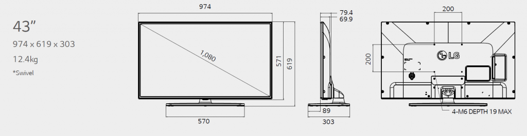 Размеры телевизора LG 43LV541H