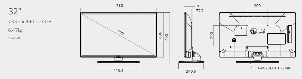 Размеры телевизора LG 32LV541H
